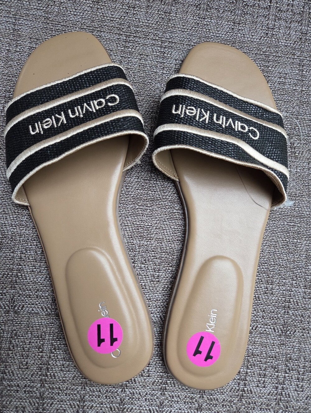 Calvin Klein Tan Slide Sandals with Black Straps, Size 11